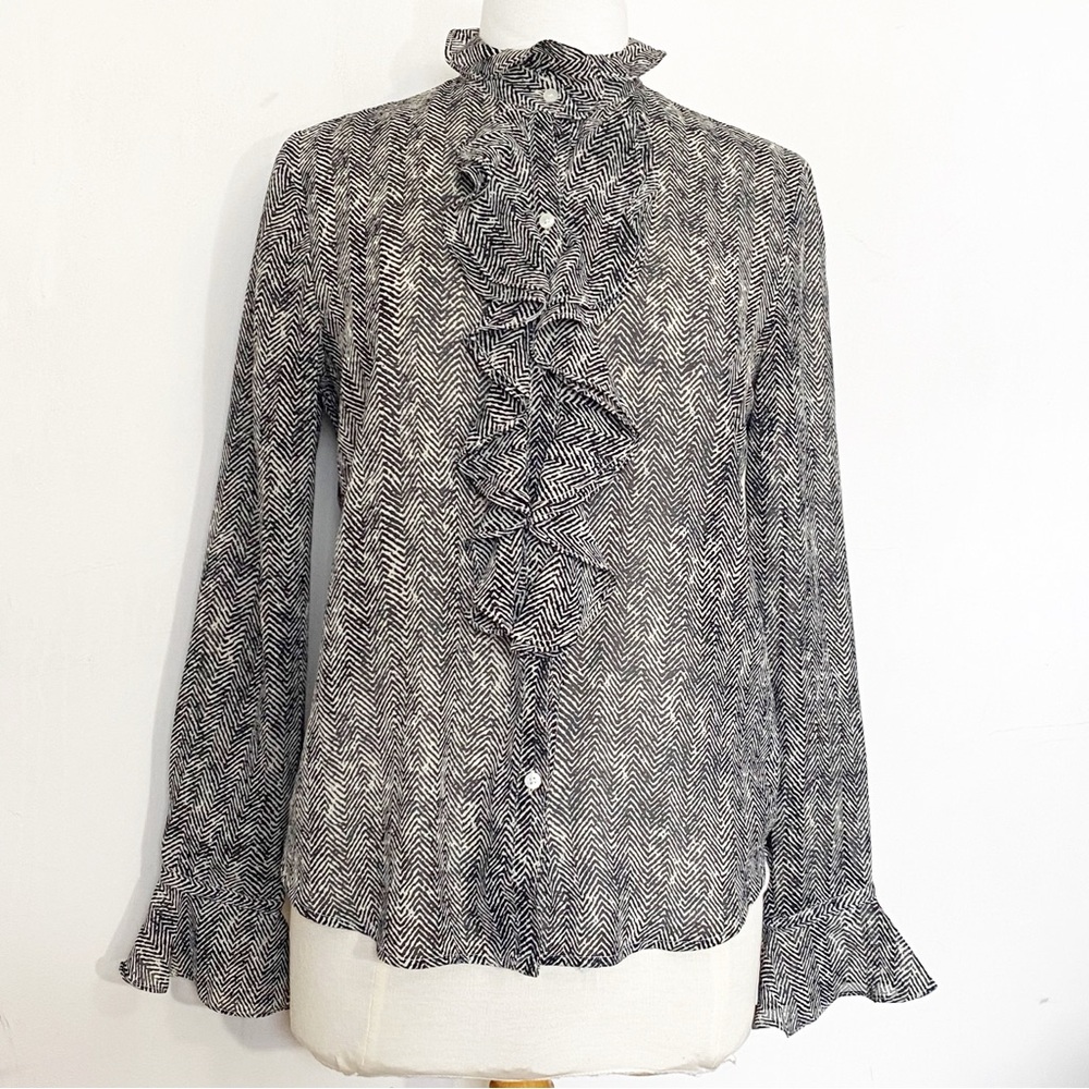 Chaps Ruffle Neck Semi Sheer Herringbone Pattern Bell Sleeve Button Up Blouse M